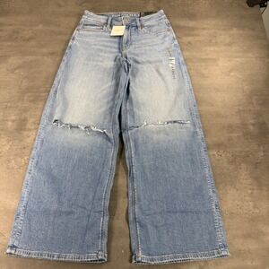 American Eagle Jeans Women 0 Short Baggy Wide Leg Blue Distressed NEW